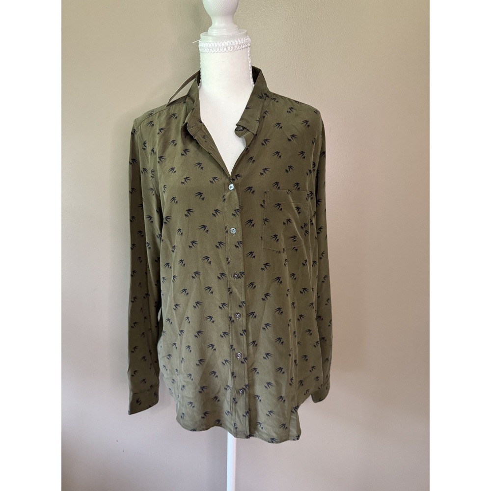 Levis 100% Silk Long Sleeve Bird Print Blouse Green XL 235480006